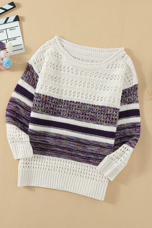 Фиолетово-белый полосатый свободный ажурный свитер с круглым вырезом