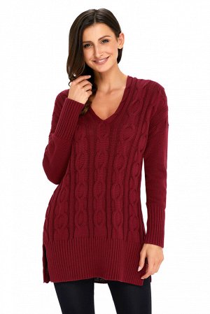 Бордовый вязаный свитер в стиле оверсайз с крупным узором из кос