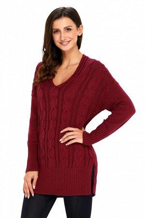 Бордовый вязаный свитер в стиле оверсайз с крупным узором из кос