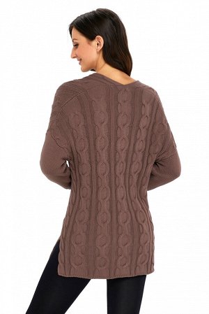 Кофейный вязаный свитер в стиле оверсайз с крупным узором из кос
