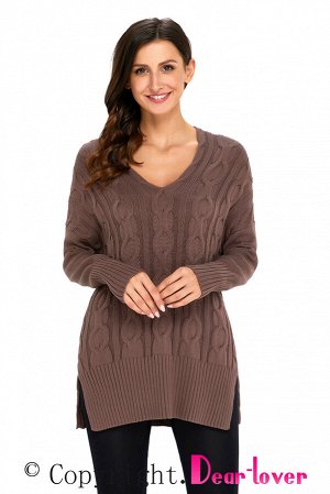 Кофейный вязаный свитер в стиле оверсайз с крупным узором из кос