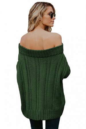 Зеленый свободный свитер с узором из "кос" и открытыми плечами