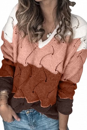 Розовый вязаный свитер с цветными блоками и V-образным вырезом