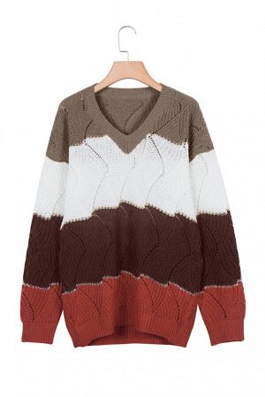 Коричневый вязаный свитер с цветными блоками и V-образным вырезом