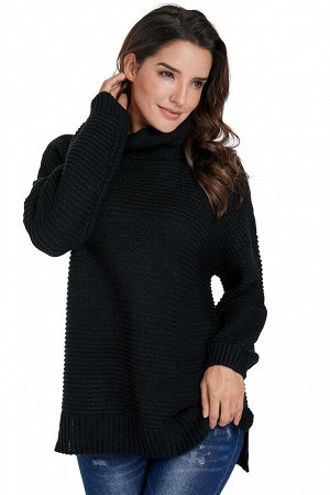 Черный свободный свитер с полосатым узором и высоким воротом