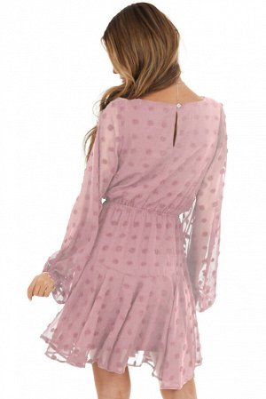 Розовое многослойное платье в горошек с завязкой на талии