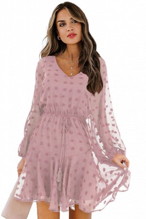 Розовое многослойное платье в горошек с завязкой на талии