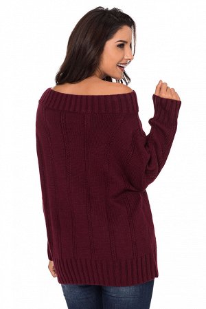 Гранатовый свитер с вязаным ромбовидным узором и широким вырезом