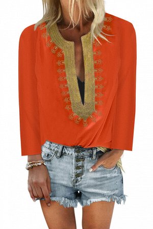 Оранжевая свободная блуза с глубоким фигурным вырезом с золотистой вышивкой