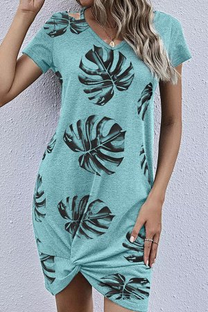 Бирюзовые ассиметричное платье-футболка с узлом и принтом пальмовые листья