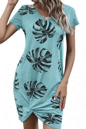 Бирюзовые ассиметричное платье-футболка с узлом и принтом пальмовые листья