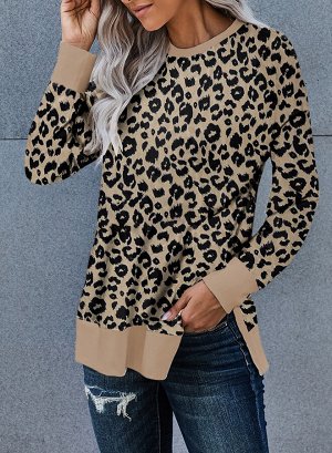 Коричневый леопардовый свободный свитшот с разрезами по бокам