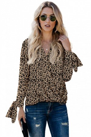 Коричневая блуза с леопардовым принтом с V-образным вырезом и рукавами на завязках