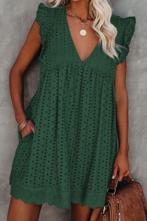 Зеленое платье беби-долл с V-образным вырезом и перфорацией