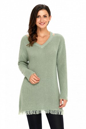 Зеленый свитер-туника с V-образным вырезом