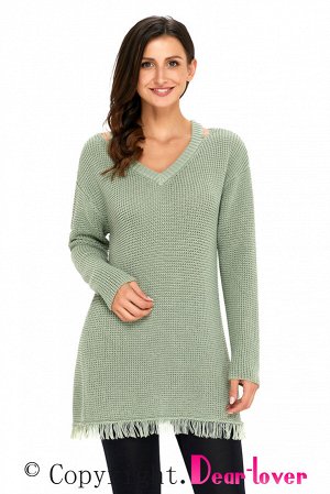 Зеленый свитер-туника с V-образным вырезом