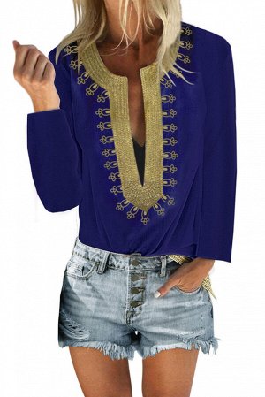 Синяя свободная блуза с глубоким фигурным вырезом с золотистой вышивкой