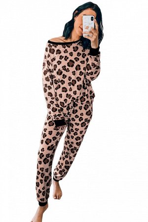 Розовый пижамный комплект с леопардовым принтом: свитшот с открытым плечом + штаны