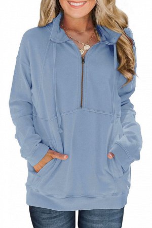Голубой пуловер-свитшот с карманами и воротником на молнии