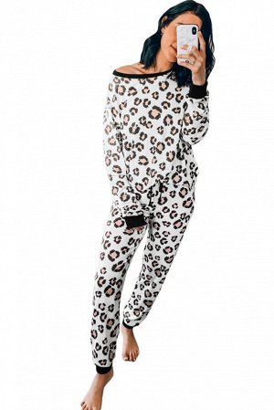 Белый пижамный комплект с леопардовым принтом: свитшот с открытым плечом + штаны