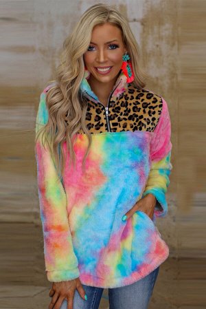 Разноцветный флисовый свитшот с леопардовым принтом и воротником на молнии