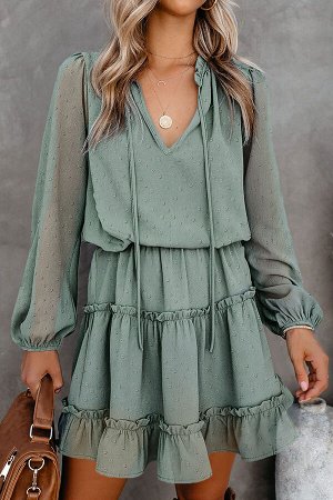 Светло-зеленое свободное мини-платье с V-образным вырезом и оборками