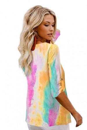 Разноцветная блузка с V-образным вырезом и пестрым красочным принтом с застежкой на пуговицы