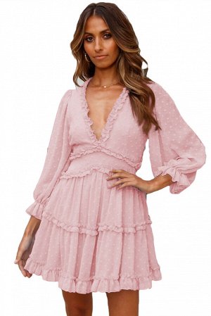 Розовое многоярусное платье беби-долл в горошек с V-образным вырезом и открытой спиной