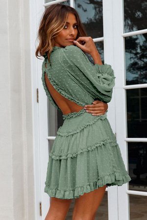 Зеленое многоярусное платье беби-долл в горошек с V-образным вырезом и открытой спиной