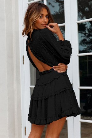 Черное многоярусное платье беби-долл в горошек с V-образным вырезом и открытой спиной