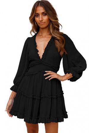 Черное многоярусное платье беби-долл в горошек с V-образным вырезом и открытой спиной