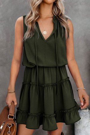 Темно-зеленое свободное мини-платье без рукавов с V-образным вырезом и оборками