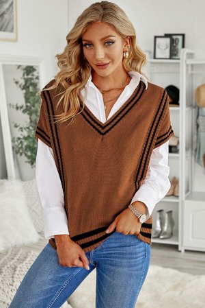 Коричневый вязаный свитер с V-образным вырезом и короткими рукавами