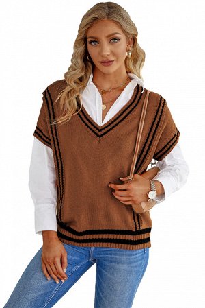 Коричневый вязаный свитер с V-образным вырезом и короткими рукавами