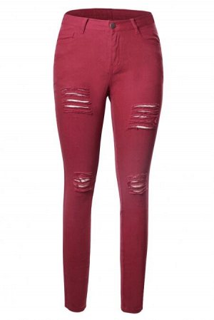 Бордовые стрейчевые джинсы с разрезами спереди
