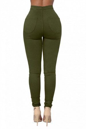 Темно-зеленые джинсы-скинни с высокой талией и накладными карманами сзади