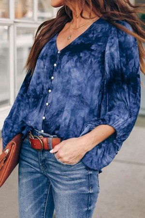 Темно-синяя блуза с застежкой на пуговицы и пышными рукавами