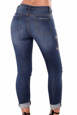Темно-синие джинсы скинни с разрезами и цветочной вышивкой