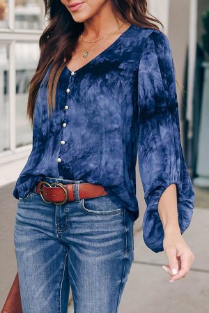 Темно-синяя блуза с застежкой на пуговицы и пышными рукавами