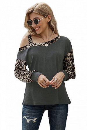 Серая блузка с длинными рукавами с леопардовым принтом и открытым плечом