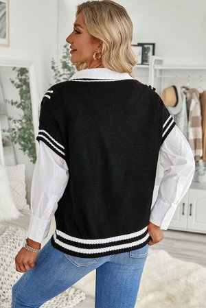 Черный вязаный свитер с V-образным вырезом и короткими рукавами