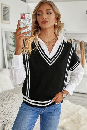 Черный вязаный свитер с V-образным вырезом и короткими рукавами
