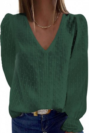 Зеленая блуза в швейцарский горошек с V-образным вырезом и пышными рукавами