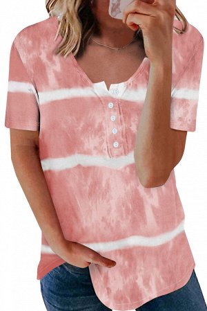 Розовая свободная футболка в белую полоску с овальным вырезом на пуговицах
