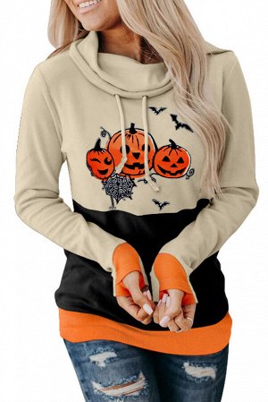 Бежево-черный свитшот-худи на Хэллоуин с оранжевыми вставками и принтом тыквы и летучие мыши