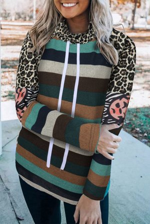 Разноцветное полосатое худи в стиле пэчворк с леопардовым принтом на рукавах
