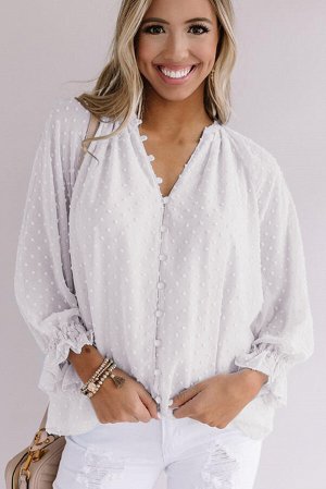 Белая свободная блуза в горошек с V-образным вырезом и пышными рукавами