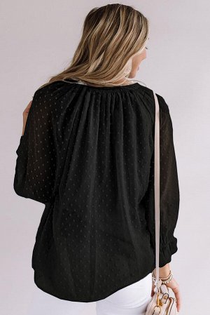 Черная свободная блуза в горошек с V-образным вырезом и пышными рукавами
