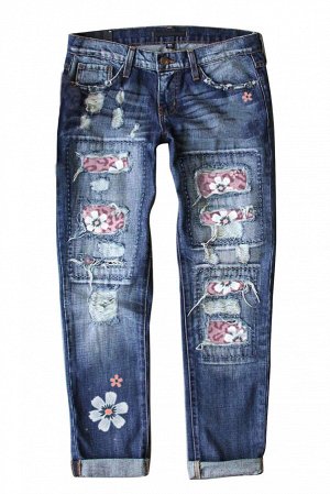 Голубые прямые джинсы с высокой талией с розовым леопардовым и цветочным принтом в стиле пэчворк
