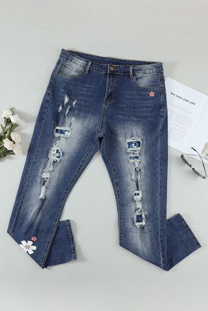 Голубые прямые джинсы с высокой талией с синим леопардовым и цветочным принтом в стиле пэчворк